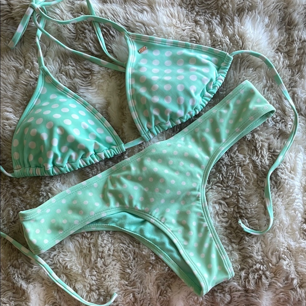 Roxy Polka Dot Tie-String Bikini Set in Mint Green